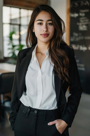 A young professional woman stands confidently in an office setting, dressed in business attire.の素材