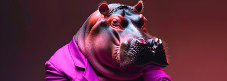 Hippo in pink suit, magenta glow, quirky charm, studio portrait.の素材