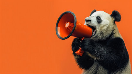Panda orator, megaphone announcement, bold orange, protest vibe.の素材