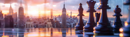 Chess pieces in corporate skyline, strategic business metaphor, dawn light.の素材