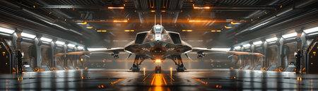 Jet in sci-fi hangar, orange guiding lights, central symmetry, high-tech vibe.の素材