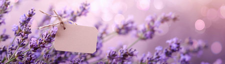 Lavender sprigs with blank tag, soft purple background, tranquil mood.の素材