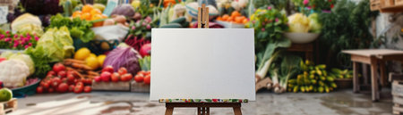Market easel, blank canvas, ambient produce background, welcoming space.の素材