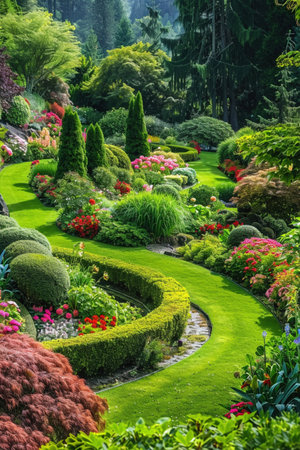 Manicured garden panorama, lush greenery, sculpted bushes, floral vibrancy.の素材