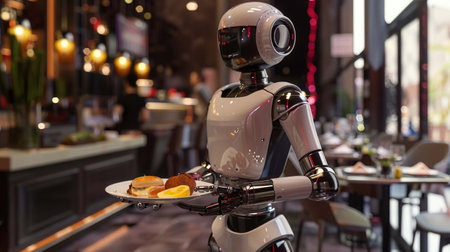 Robot server in a bustling cafe, plate in hand, human-like service with a twist.の素材