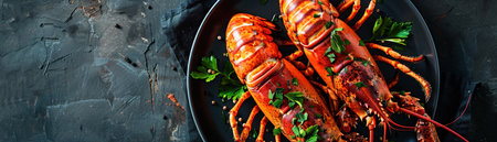 Grilled lobster with herbs, gourmet seafood, elegant plating.の素材