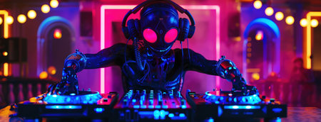 DJ alien with glowing eyes, neon-lit console, vibrant club atmosphere.の素材