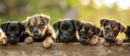 Litter of puppies peeking over edge, panoramic, soft daylight, playful & joyous moment.の素材