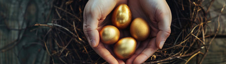 Hands holding golden eggs in nest, close-up, wealth concept, dark rustic wood.の素材