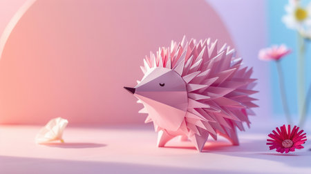 Pink hedgehog, origami art style, soft shadow, pastel backdropの素材
