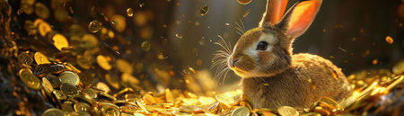 Rabbit in gold coin burrow, magical glow, treasure cave setting.の素材