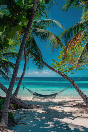 Tropical beach hammock, palm trees, turquoise water, ultimate relaxationの素材