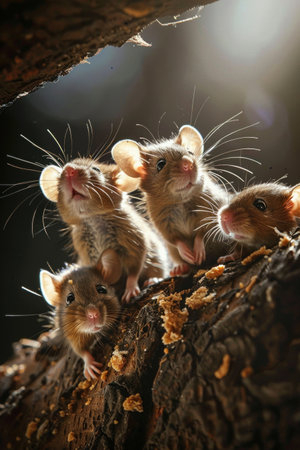 Mice with crumbs, intimate scene, warm glow, low angle group shot.の素材