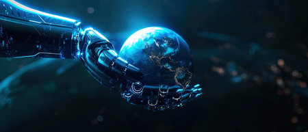 Robotic hand holding earth, futuristic blue neon glow.の素材