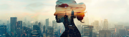 An artistic double exposure portrait blending a thoughtful woman's profile with the dense urban skyline of a city.の素材