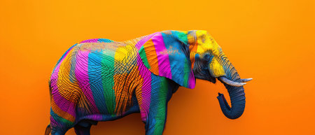 A vibrantly striped elephant in shades of neon against an orange backdrop, representing creativity and the wonder of nature.の素材