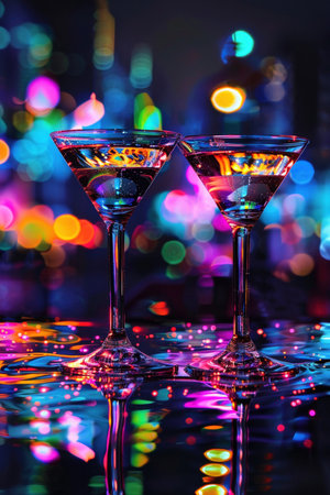 Neon-lit cocktails, reflections on water, vivid night party atmosphereの素材