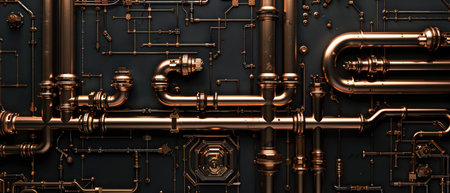 Intricately connected copper pipes on a dark background, depicting the complexity and interconnectivity of systems.の素材