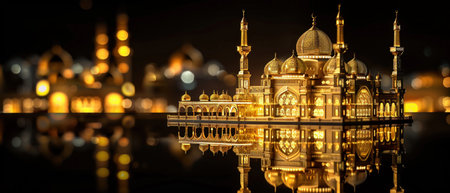 Golden mosque model on dark, reflections on glossy surface, peaceful religious iconographyの素材