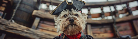 Dog in pirate costume aboard ship, old-world feel, close-upの素材