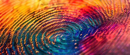 A close-up of a vibrant, multicolored fingerprint texture, emphasizing individual identity.の素材