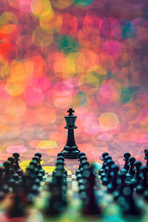 A Chess king standing tall among pawns on an abstract background, illustrating strategic leadership and individual authority.の素材