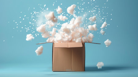A Cardboard box erupting with packing peanuts, symbolizing product protection and shipping.の素材