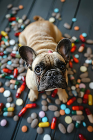 A concerned French bulldog surrounded by a variety of pills, illustrating the dangers of medication around pets.の素材
