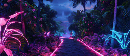 A futuristic stage lined with glowing pink and blue neon, set in a lush, tropical environment under a night sky.の素材