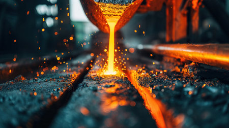 A Close-up of molten metal being poured into a mold at an industrial foundry.の素材
