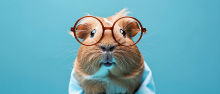 A Humorous image of a cute guinea pig wearing scientist attire with round glasses against a blue background.の素材