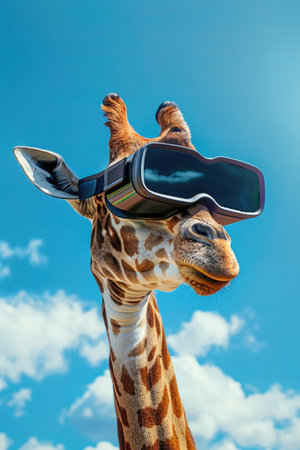 A giraffe with a virtual reality headset with beautiful blue backdrop.の素材