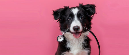 A puppy dog border collie holding stethoscope in mouth isolated on pink background.の素材