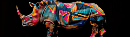 A vibrant, multi-colored rhino made of geometric patterns against a stark black background, perfect for artistic surrealism.の素材