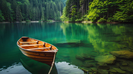 A serene rowboat on a crystal-clear lake, surrounded by ancient forest, capturing a moment of tranquil solitude.の素材