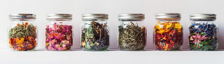 An Assorted glass jars filled with vibrant dried flowers, herbs, and fruits displayed against a clean white background.の素材