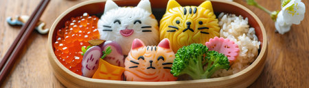 Adorable cat-themed bento boxes, artistically arranged with colorful side dishes, charming and appetizing.の素材