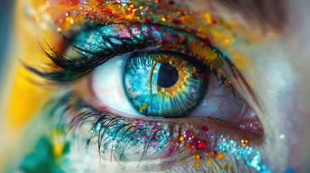Extreme close-up of an eye with multicolored makeup, high detail, vibrant colors.の素材