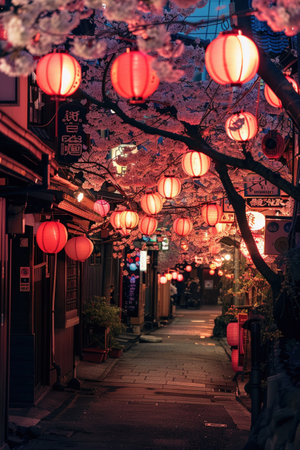 Japanese street with cherry blossoms and red lanterns, evening soft lighting, wide angle.の素材