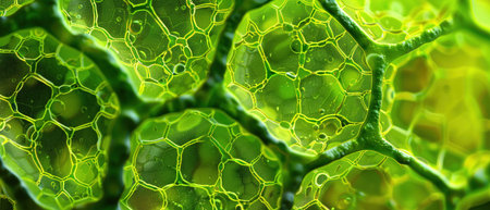 Microscopic view of green plant cells, detailed focus on cell structure, vibrant green tones.の素材