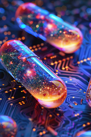 High-tech capsules on a circuit board, each containing a swirling galaxy, symbolize advanced pharmaceuticals merging with nano-technology.の素材