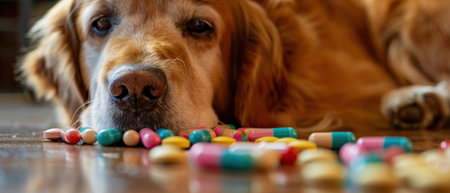 Concerned golden retriever gazing at a pile of colorful pills, emphasizing the dangers of pets accessing medications.の素材