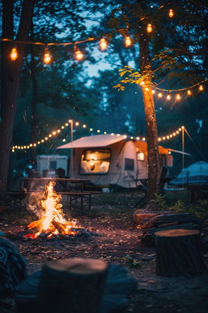 Cozy campsite at night, glowing bonfire, string lights overhead, inviting and tranquil.の素材