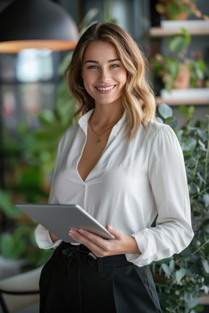 Confident businesswoman with tablet in a modern office environment, subtle greenery, professional smile.の素材