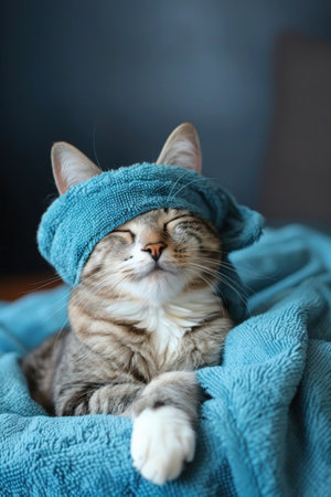 Cat in spa attire on a blue towel, bringing a humorous and relaxing vibe to pet care.の素材