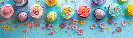 Colorful Easter-themed desserts adorned with sprinkles and flowers, celebrating the joy of spring.の素材