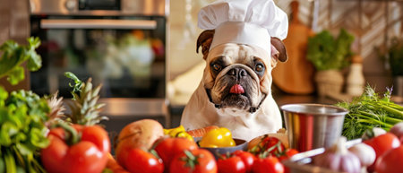 Dog dressed as a chef among fresh vegetables, whimsical concept of pets involved in cooking.の素材