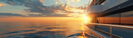 Luxurious yacht sailing on tranquil waters at sunset, epitome of luxury and serene travel.の素材