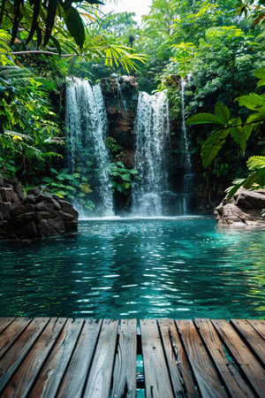 Tropical waterfall cascading into a serene pool, foreground wooden deck, lush green jungle, vibrant and peaceful.の素材
