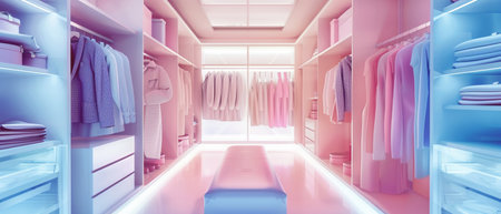 Modern, minimalist closet with pastel hues, symmetrical and organized, sleek and futuristic.の素材